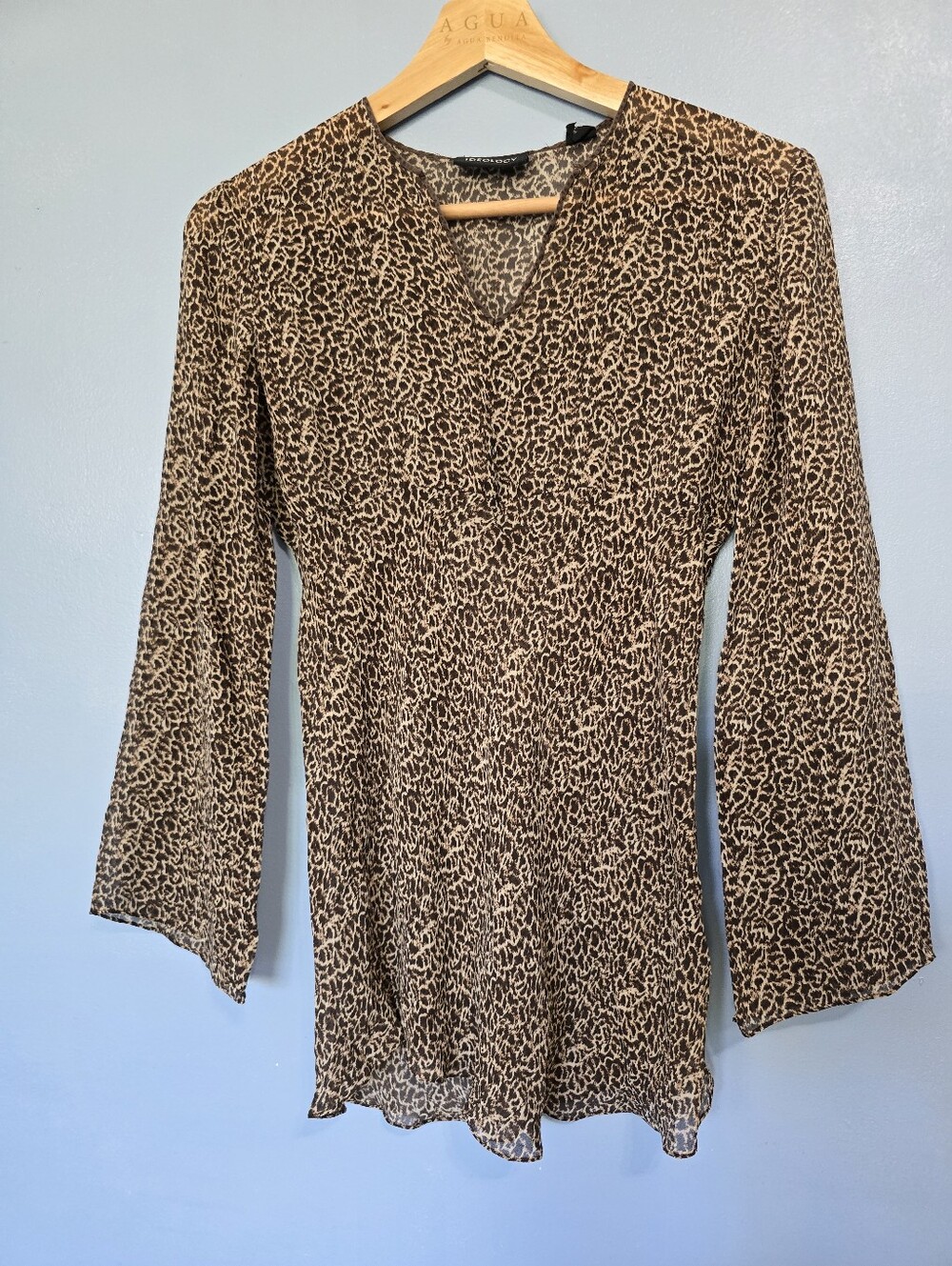 Ideology Silk Leopard Print V-Neck Bell Sleeve Semi-sheer Tunic Top 8